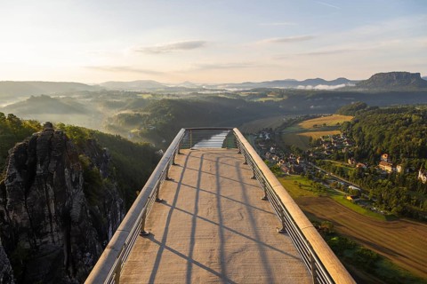 Sunrise on Basteifelsen, the new viewing platform, Rathen, Saxony, Germany