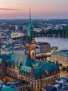 Aerial view of Hamburg City Hall with Inner Alster and Outer Alster at Blue Hour, Hamburg, Germany