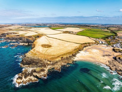 View of Trevone Beach and Trevone Bay from a drone, Trevone, Padstow, Cornwall, England, United
