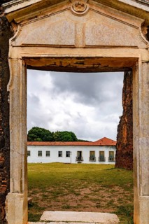 Ruins of an 18th-century church portal in the central square of the historic town of Alcantara,