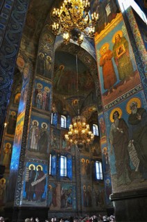 Nave with high ceilings, ornate frescoes and chandeliers, Church of the Resurrection, Saint