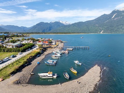 Aerial view, city view and sea, Hornopirén, Patagonia, Los Lagos, Chile