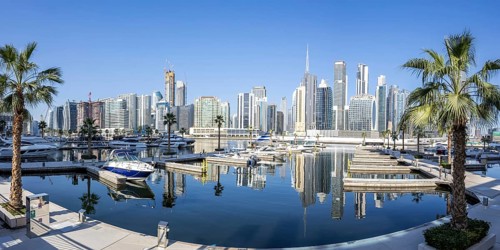 Downtown Dubai skyscrapers with Burj Khalifa skyline panorama on the Marasi Bay Business Bay Canal