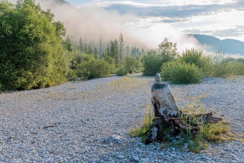 Three stones are stacked on top of each other on a tree stump. Isar valley nature conservancy area.