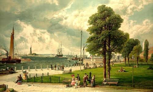 View of Battery Park and Castle Garden in Manhattan with walking people, trees, benches and views