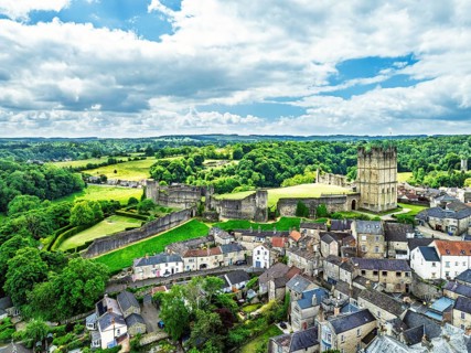 Richmond Castle from a drone, Richmond, Yorkshire Dales, North Yorkshire, England, United Kingdom