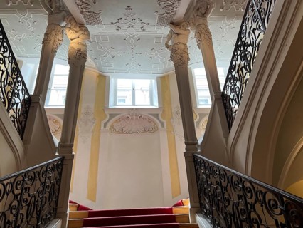 Artistic staircase decorated with stucco in the Preysing Palace, Munich, Upper Bavaria, Bavaria,