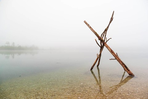 On a foggy morning, a wooden figure made of three branches stands in Lake Almsee. Austria