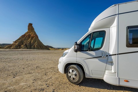 Motorhome traveling in Bardenas Reales Natural Park, Navarra, Spain