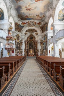 Magnificent baroque interior with ornate ceiling frescoes and stucco work by the Cathedral of Our