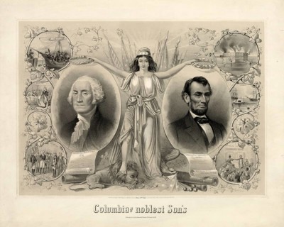 The personified American figure Columbia honoring Presidents George Washington and Abraham Lincoln