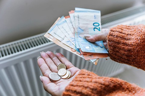 Woman holding euro cash and coins near home radiator during heating season. Concept of rising