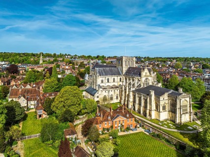 Winchester Cathedral from a drone, Winchester, Hampshire, England, United Kingdom