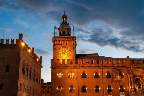 Illuminated Palazzo d'Accursio and Torre dell'Orologio, Blue Hour, Piazza Maggiore, Old Town,