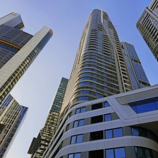 Frog's eye view of skyscrapers in the banking district, Four Frankfurt, Frankfurt am Main, Hesse,