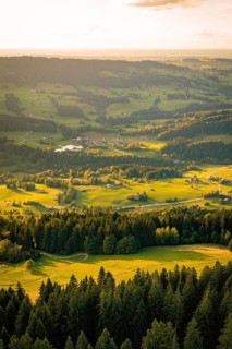 View from above of vast, wooded landscapes with valleys and fields, Oberstaufen region, Allgäu,