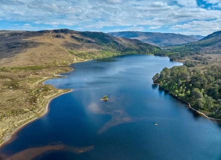 Panoramic aerial photo of Beinn Eighe National park and Loch clair in the in the scottish