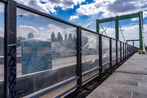 Mobile toilet cubicle on the A4 motorway, at the Cologne-Rodenkirchen Rhine Bridge, for
