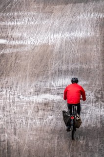 Dirt road, with many tracks of two-wheelers, footprints, wet, after rain, parallel, mixed up
