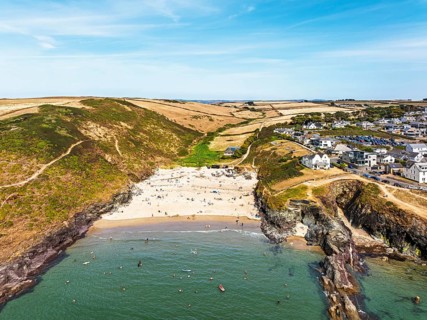 Polzeath Beach over Padstow Bay from a drone, Polzeath, Cornwall, England, Summer 2026