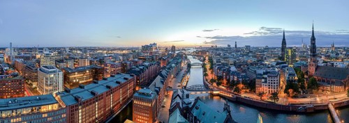 Panorama of HafenCity, Speicherstadt, Zollkanal, Elbe Philharmonic Hall and St. Katharinen's main
