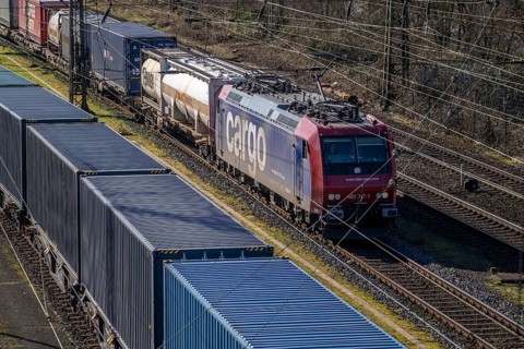 Container trains in the freight yard, so-called installation tracks in Duisburg-Rheinhausen,