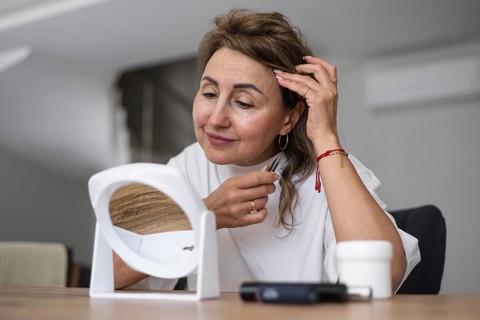 A woman sits in a stylish room, using a compact mirror, tweezers and doing eyebrow hair removal.