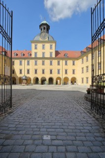 Metal gate to the courtyard of Baroque Moritzburg Castle, Zeitz, Saxony-Anhalt, Germany