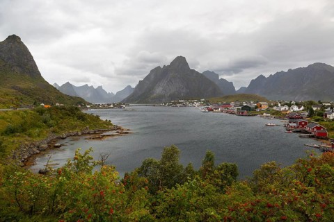 Picturesque Reinefjorden bay with Reinebringen mountain on the left and the fishing village of