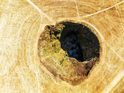 Top Down View of Trevone Round Hole over Trevone Bay from a drone, Trevone, Padstow, Cornwall,