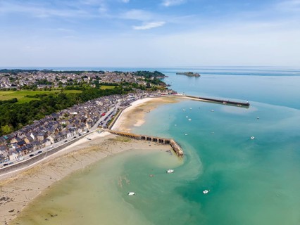 Aerial view of the picturesque fishing village of Cancale on the Emerald Coast. The picture shows