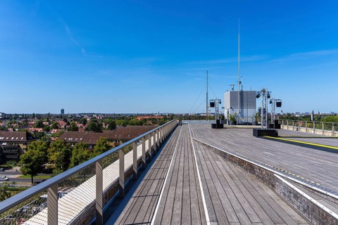 Roof terrace with the THF Tower at the former Tempelhof Airport, Berlin, Germany