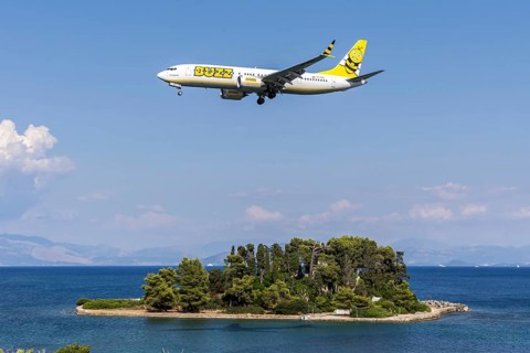 A Buzz Boeing 737-8-200 MAX aircraft with the license plate SP-RZE at Corfu airport, Greece