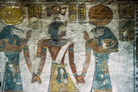 Colourful reliefs and wall paintings and hieroglyphs, tomb, Pharaoh Ramesses III, Valley of the