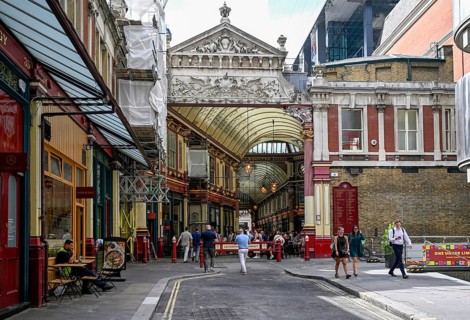 Entrance of Leadenhall Market, Victorian era market hall, City of London, London, England, Great