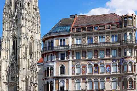 Decorative façade of Haus Zum Goldenen Becher near St. Stephen's Cathedral on Stephansplatz, UNESCO