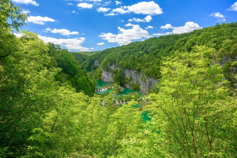 A high view of the Milka Trnina Cascades at Plitvice Lakes National Park, Croatia