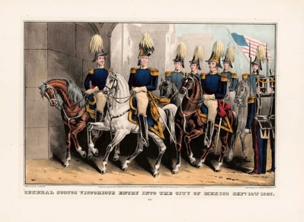 General Winfield Scott in military uniform with a distinctive plumed hat on horseback. The Battle