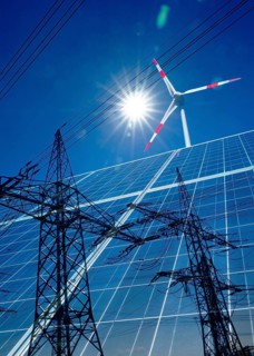 Composing from wind turbine, solar panels and high voltage pylon with power line