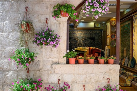 Rug and Souvenir shop, decorated with flowers, Kotor, Montenegro