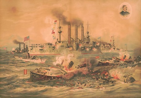 Destruction of the Spanish fleet under Admiral Pascual Cervera by the US Navy in the naval battle
