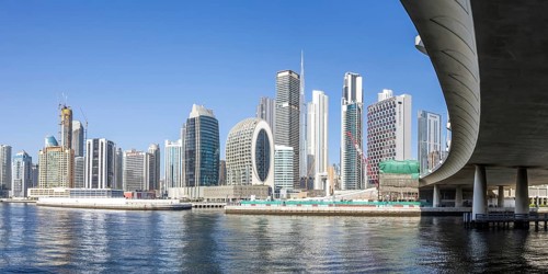 Downtown Dubai skyscrapers with Burj Khalifa skyline on the Marasi Bay Business Bay Canal Panorama
