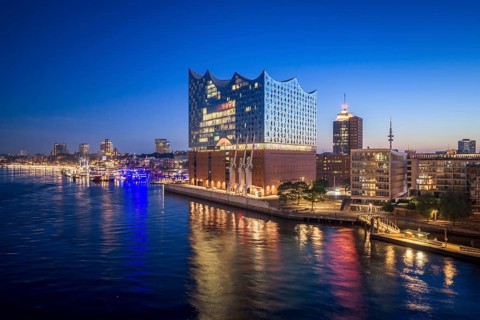 Aerial view of sunrise on the Elbe with Elbe Philharmonic Hall, Hamburg, Germany