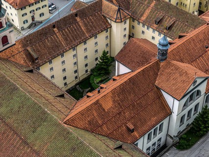 Aerial view of monastery Disentis, village Disentis, Switzerland