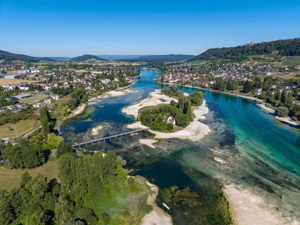 Aerial view of the Werd archipelago in the westernmost part of Lake Constance, historic low level