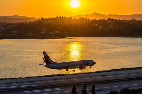 A Jet2 Boeing 737-800 aircraft with the license plate G-JZBJ at Corfu airport, Greece