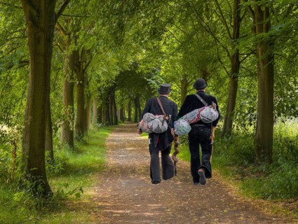 Hiking trail through the beech alley with two hiking craftsmen