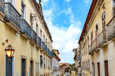 A historic street featuring old colonial-style mansions in the city of Sao Luis, Maranhao, Sao