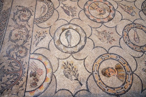 Detailed floor mosaic with depictions of people and animals, Basilica di Santa Maria Assunta,