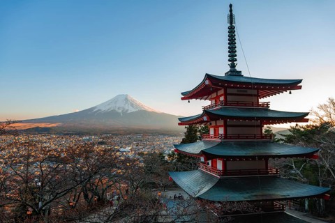 Five-story pagoda of a Shinto Shrine, Chureito Pagoda, with views of Fujiyoshida City and Mount